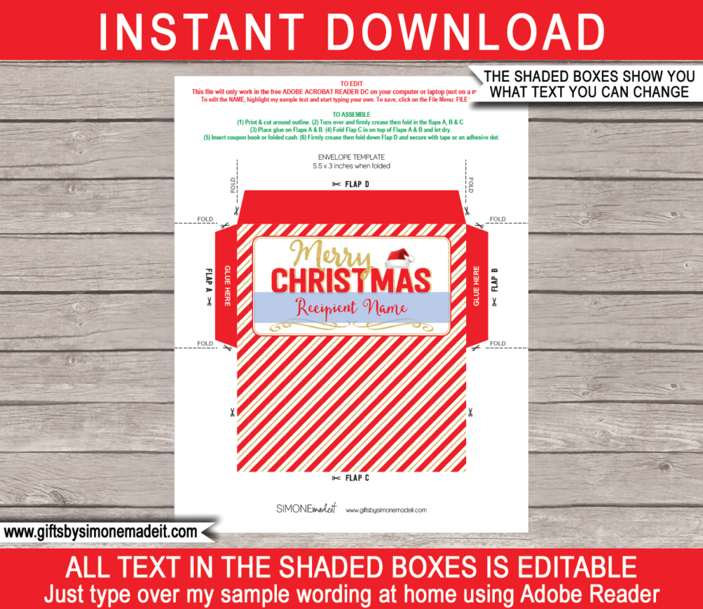 Christmas Money Envelope Template | DIY Printable Xmas Envelope | Personalized Xmas Envelope for Coupons or Cash Gifts | Editable Text | Last Minute Christmas gift | Kids and Family | Instant Download via simonemadeit.com