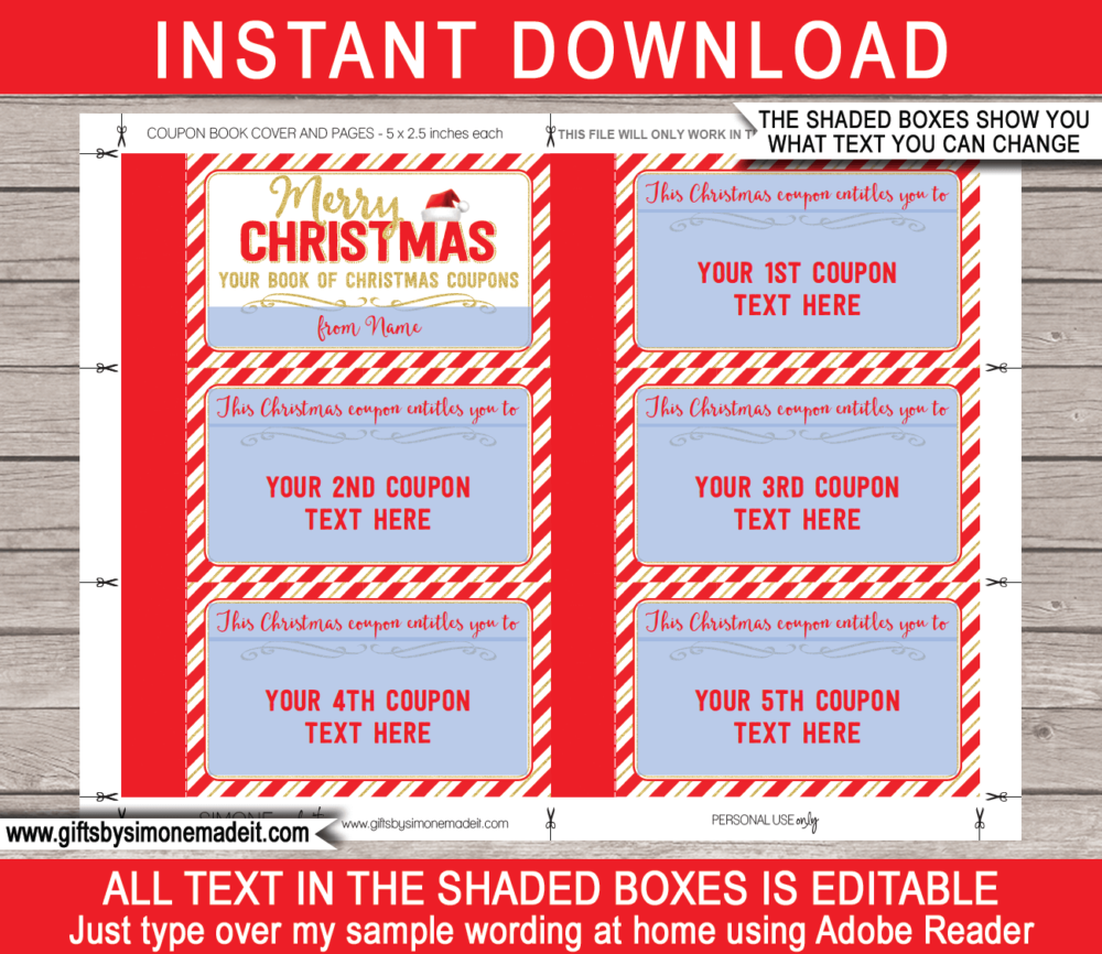 DIY Christmas Coupon Book Printable Template | Customized Vouchers Christmas Gift Last minute | Editable text | kids and family | Instant Download via giftsbysimonemadeit.com