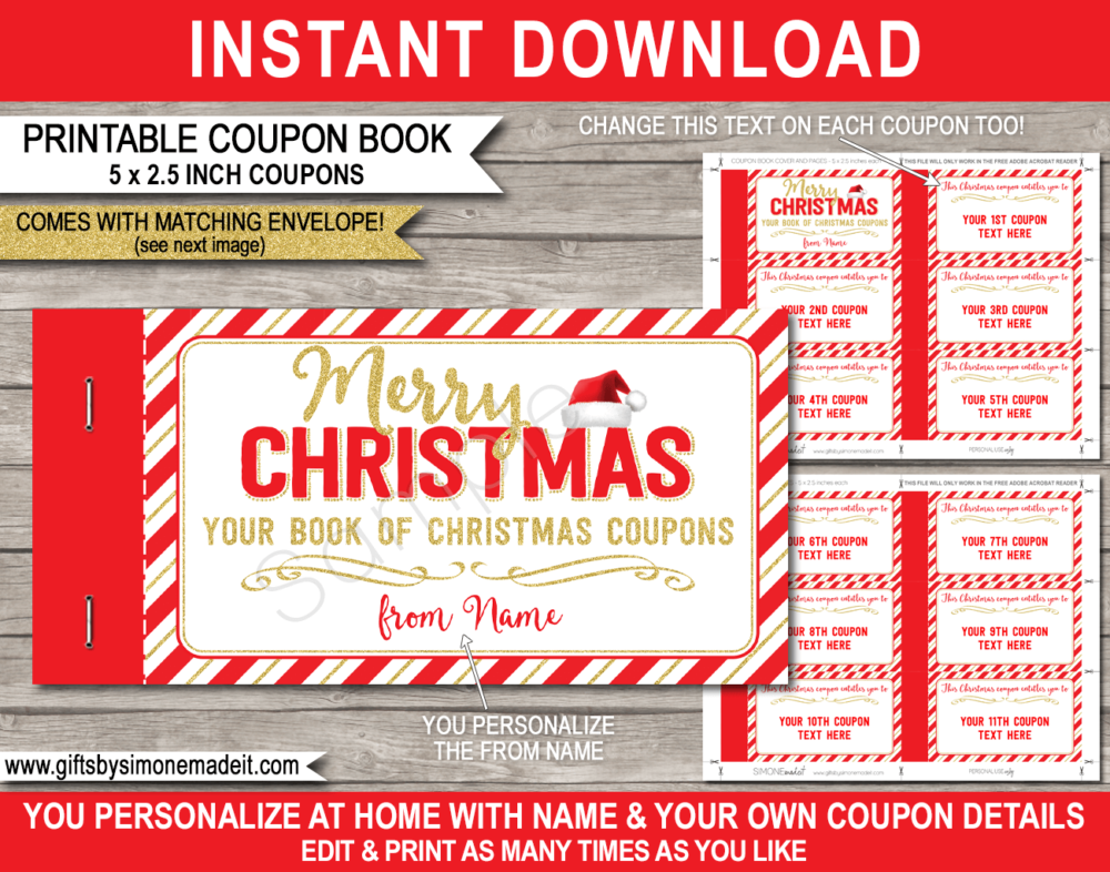 DIY Christmas Coupon Book Printable Template | Customized Vouchers Christmas Gift Last minute | Editable text | kids and family | Instant Download via giftsbysimonemadeit.com