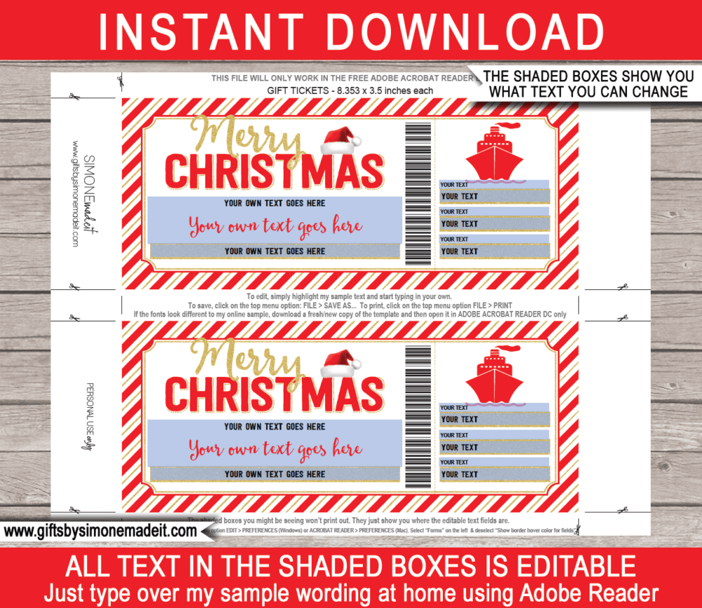 Christmas Surprise Cruise Reveal Idea Ticket Template | Boarding Pass Gift | DIY Editable Fake Ticket PDF | Holiday, Vacation, Trip Reveal | INSTANT DOWNLOAD via giftsbysimonemadeit.com