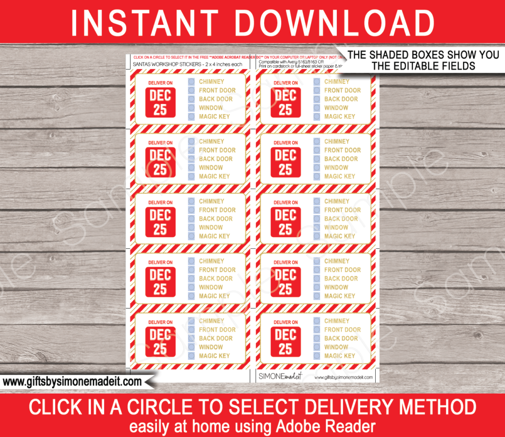 Printable Santa Gift Labels Template | Delivery date 25th December Stickers | INSTANT DOWNLOAD via giftsbysimonemadeit.com