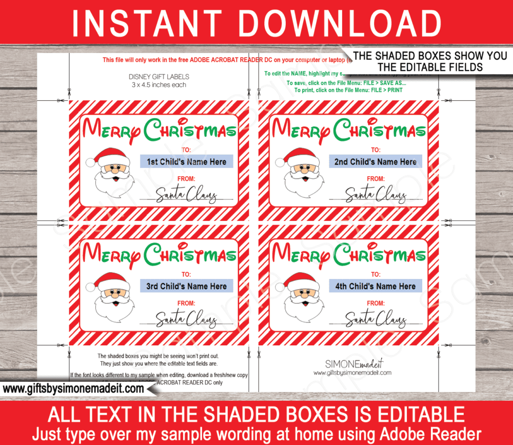 Christmas Disney Envelope Labels from Santa Template with Editable Names | North Pole Mail | DIY Editable Text PDF | Santa's Workshop | Instant Download via giftsbysimonemadeit.com