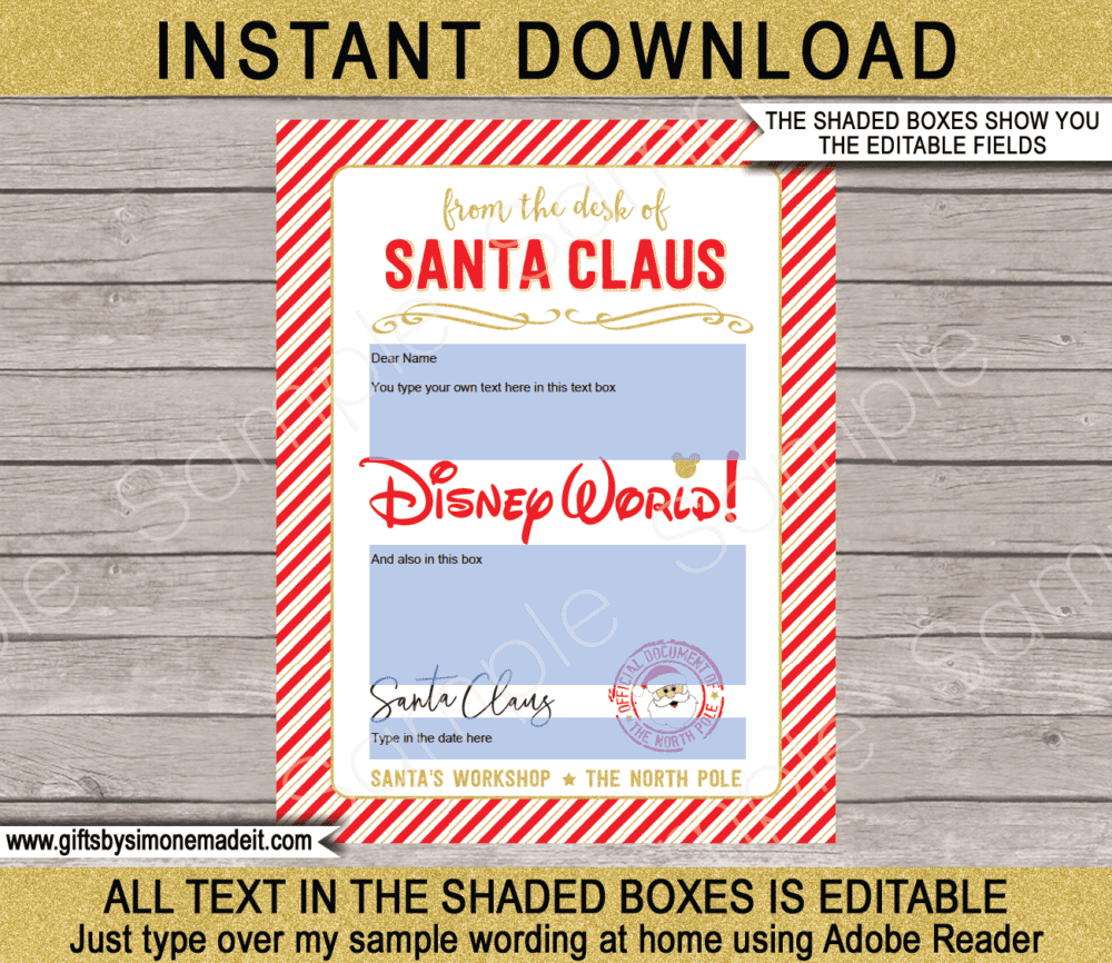 Red & Gold Surprise Christmas Disney World Trip Reveal Gift Idea Templates | Letter from Santa | North Pole Mail | DIY Editable Text PDF | Santa's Workshop | Instant Download via giftsbysimonemadeit.com