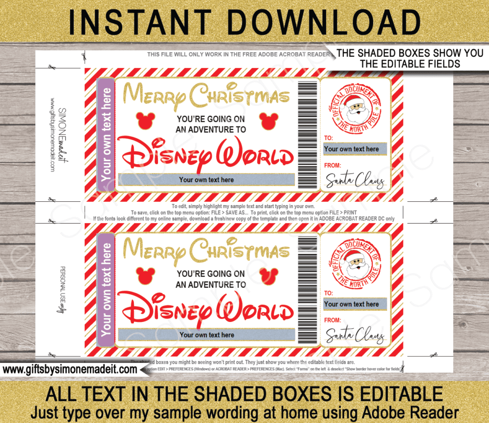 Red & Gold Surprise Christmas Disney World Trip Reveal Gift Idea Templates | Gift Ticket from Santa | North Pole Mail | DIY Editable Text PDF | Santa's Workshop | Instant Download via giftsbysimonemadeit.com