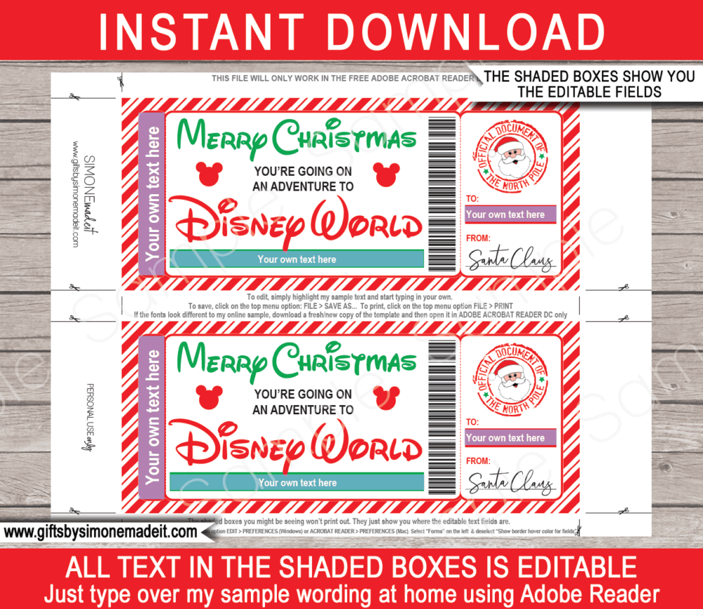Surprise Christmas Disney World Trip Reveal Gift Idea Templates | Gift Ticket from Santa | North Pole Mail | DIY Editable Text PDF | Santa's Workshop | Instant Download via giftsbysimonemadeit.com