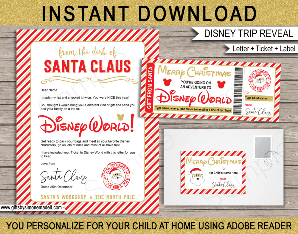 Red & Gold Surprise Christmas Disney World Trip Reveal Gift Idea Templates | Letter from Santa, Gift Ticket & Envelope Labels | North Pole Mail | DIY Editable Text PDF | Santa's Workshop | Instant Download via giftsbysimonemadeit.com