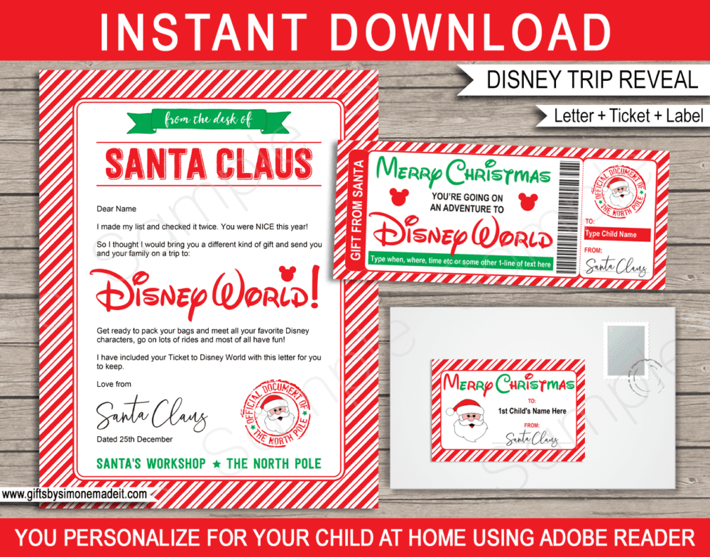 Surprise Christmas Disney World Trip Reveal Gift Idea Templates | Letter from Santa, Gift Ticket & Envelope Labels | North Pole Mail | DIY Editable Text PDF | Santa's Workshop | Instant Download via giftsbysimonemadeit.com