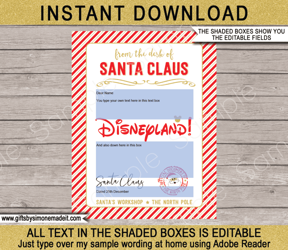 Red & Gold Surprise Christmas Disneyland Trip Reveal Gift Idea Templates | Letter from Santa | North Pole Mail | DIY Editable Text PDF | Santa's Workshop | Instant Download via giftsbysimonemadeit.com