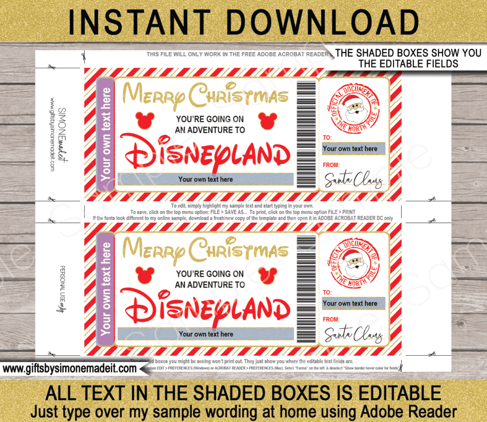 Red & Gold Surprise Christmas Disneyland Trip Reveal Gift Idea Templates | Gift Ticket from Santa | North Pole Mail | DIY Editable Text PDF | Santa's Workshop | Instant Download via giftsbysimonemadeit.com