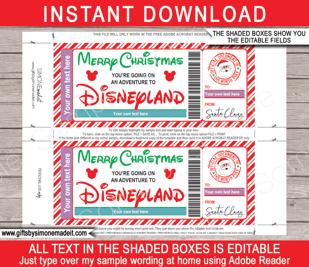Surprise Christmas Disneyland Trip Reveal Gift Idea Templates | Gift Ticket from Santa | North Pole Mail | DIY Editable Text PDF | Santa's Workshop | Instant Download via giftsbysimonemadeit.com