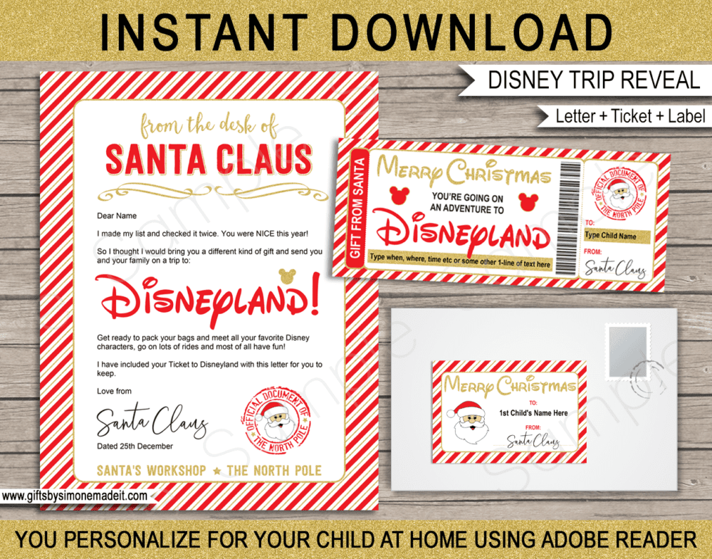 Red & Gold Surprise Christmas Disneyland Trip Reveal Gift Idea Templates | Letter from Santa, Gift Ticket & Envelope Labels | North Pole Mail | DIY Editable Text PDF | Santa's Workshop | Instant Download via giftsbysimonemadeit.com