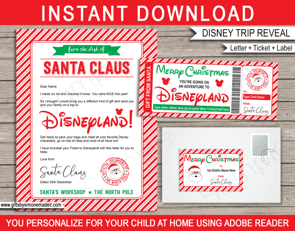 Surprise Christmas Disneyland Trip Reveal Gift Idea Templates | Letter from Santa, Gift Ticket & Envelope Labels | North Pole Mail | DIY Editable Text PDF | Santa's Workshop | Instant Download via giftsbysimonemadeit.com