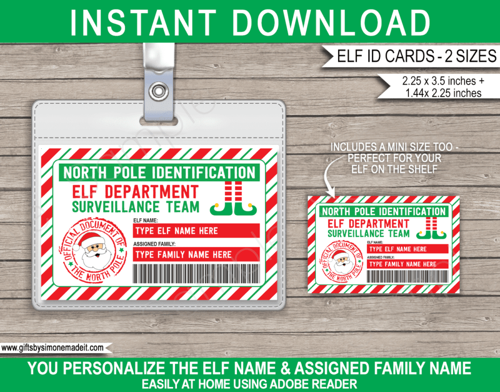 Printable Elf on the Shelf ID Card Template | Mini License Badge | Surveillance Team | Lost Elf Badge | Christmas North Pole Identification Cards | Santa's Workshop | DIY Editable Text | INSTANT DOWNLOAD via giftsbysimonemadeit.com