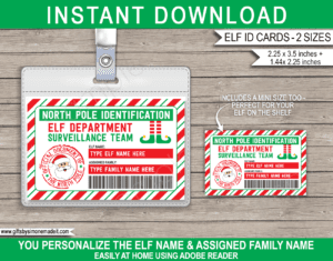 Printable Elf on the Shelf ID Card Template | Mini License Badge | Surveillance Team | Lost Elf Badge | Christmas North Pole Identification Cards | Santa's Workshop | DIY Editable Text | INSTANT DOWNLOAD via giftsbysimonemadeit.com