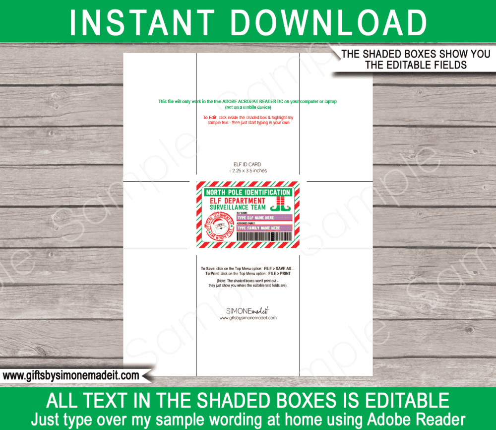 Printable Elf on the Shelf ID Card Template | Mini License Badge | Surveillance Team | Lost Elf Badge | Christmas North Pole Identification Cards | Santa's Workshop | DIY Editable Text | INSTANT DOWNLOAD via giftsbysimonemadeit.com