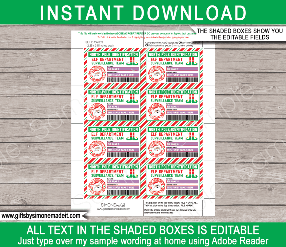 Printable Elf on the Shelf ID Card Template | Mini License Badge | Surveillance Team | Lost Elf Badge | Christmas North Pole Identification Cards | Santa's Workshop | DIY Editable Text | INSTANT DOWNLOAD via giftsbysimonemadeit.com