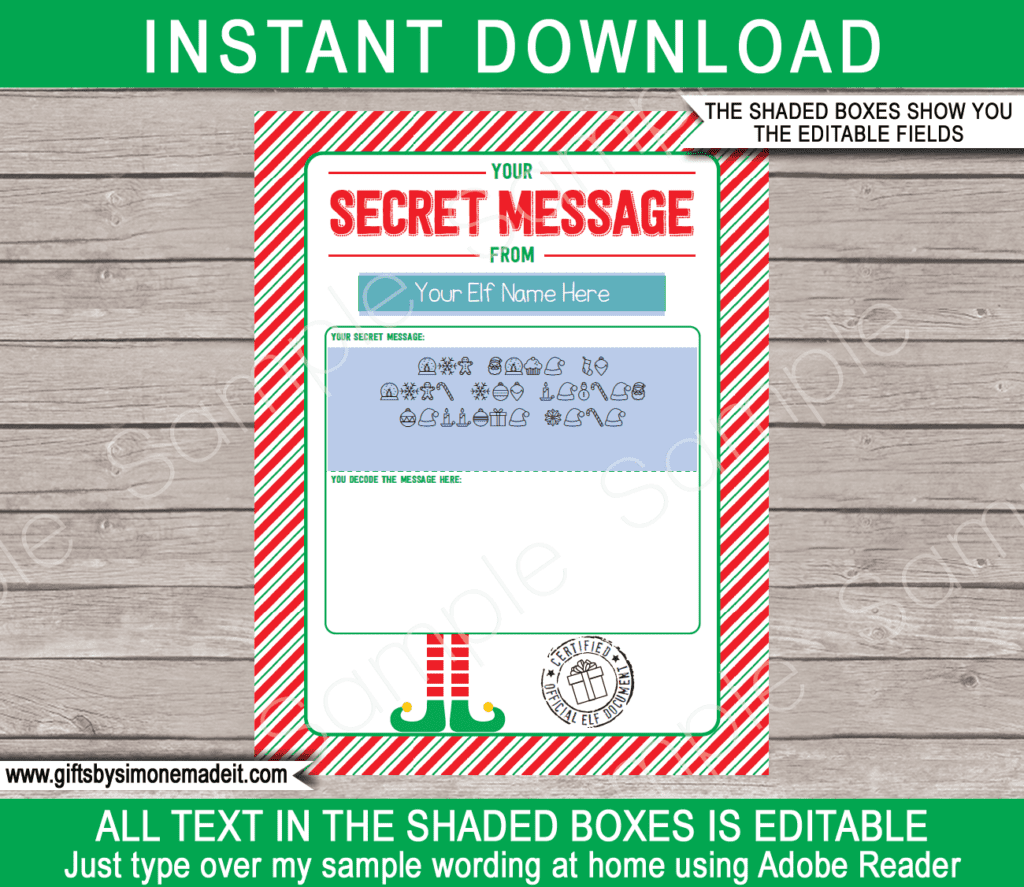 Elf Secret Message Printable Template, Decoder & Labels Christmas