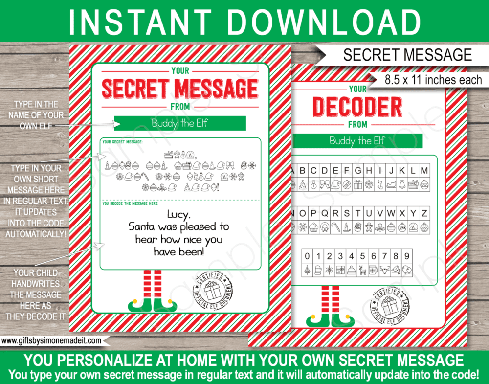 Elf Secret Message Printable Template, Decoder & Name Labels | Elf Report Card | Christmas Kids Worksheet Activity | Santa's Workshop in the North Pole | DIY Editable Text | INSTANT DOWNLOAD via giftsbysimonemadeit.com