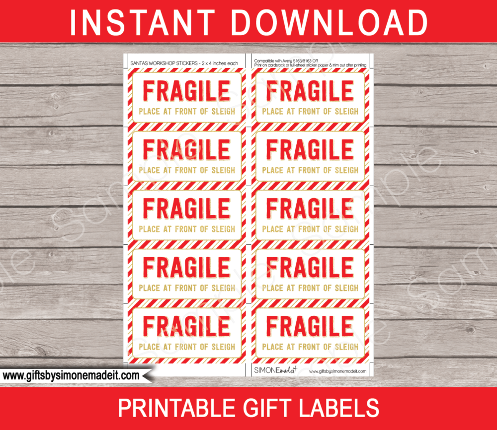 Printable Santa Gift Labels Template | Sleigh Fragile Stickers | INSTANT DOWNLOAD via giftsbysimonemadeit.com