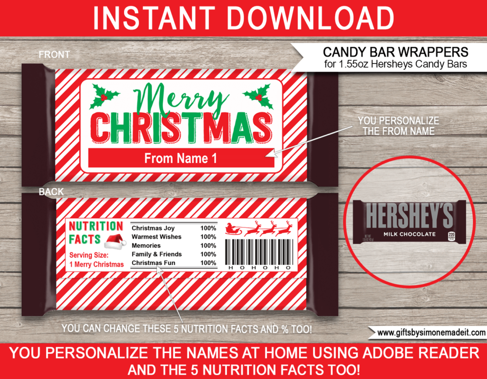 Hershey Bar Christmas Wrappers Template | Personalized 1.55oz Hersheys Candy Bar Labels | Friend or Class Christmas Gifts | INSTANT DOWNLOAD via giftsbysimonemadeit.com