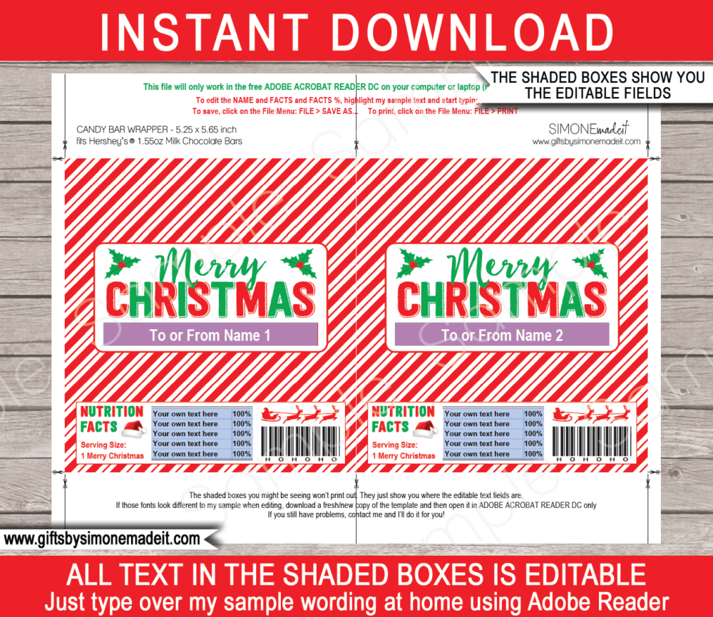 Hershey Bar Christmas Wrappers Template | Personalized 1.55oz Hersheys Candy Bar Labels | Friend or Class Christmas Gifts | INSTANT DOWNLOAD via giftsbysimonemadeit.com