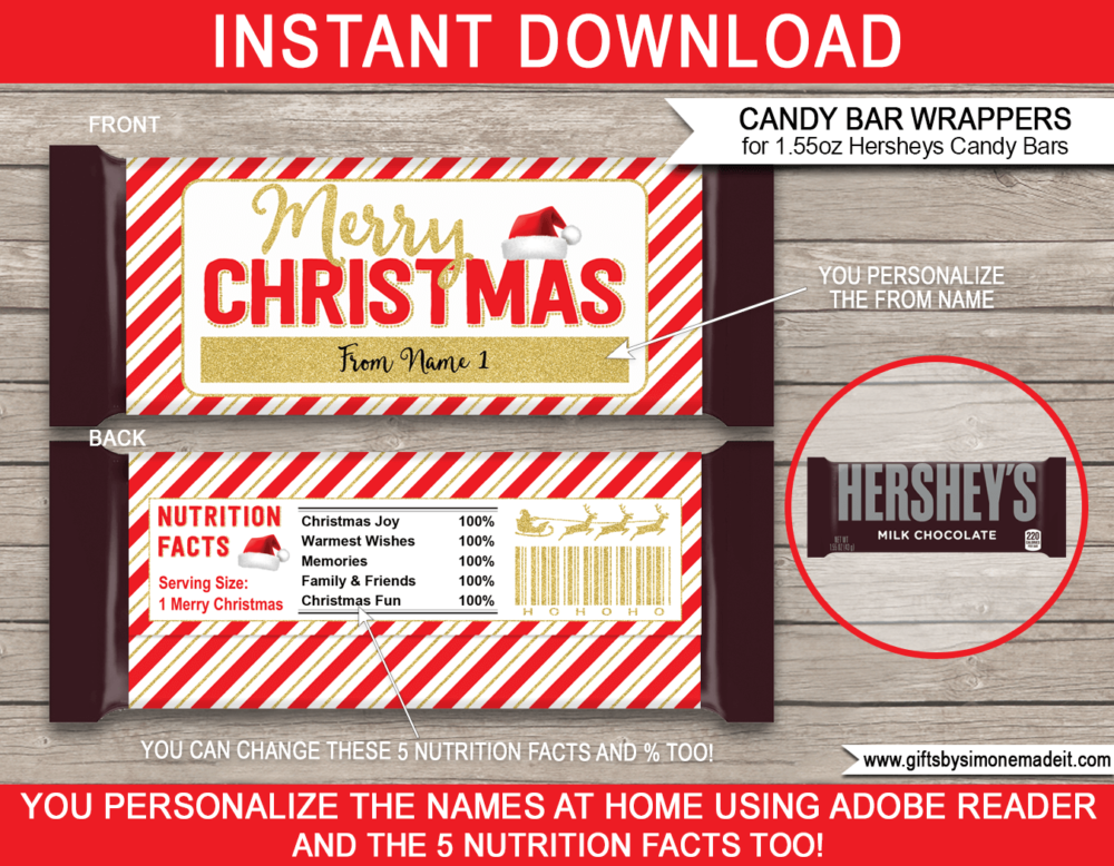 Hersheys Christmas Wrapper Template | Personalized 1.55oz Hersheys Candy Bar Labels | Friend or Class Christmas Gifts | DIY with Editable Text | INSTANT DOWNLOAD via giftsbysimonemadeit.com