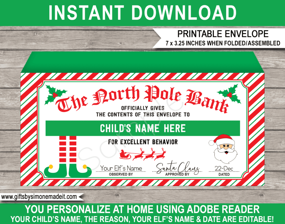 Printable Elf on the Shelf Money Envelope Template | Christmas Cash Gift Holder | Santa's Workshop North Pole | Personalized Christmas Banknote Holder | DIY Editable Text | Last Minute Christmas gift | Kids and Family | Instant Download via giftsbysimonemadeit.com