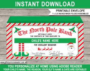 Printable Elf on the Shelf Money Envelope Template | Christmas Cash Gift Holder | Santa's Workshop North Pole | Personalized Christmas Banknote Holder | DIY Editable Text | Last Minute Christmas gift | Kids and Family | Instant Download via giftsbysimonemadeit.com