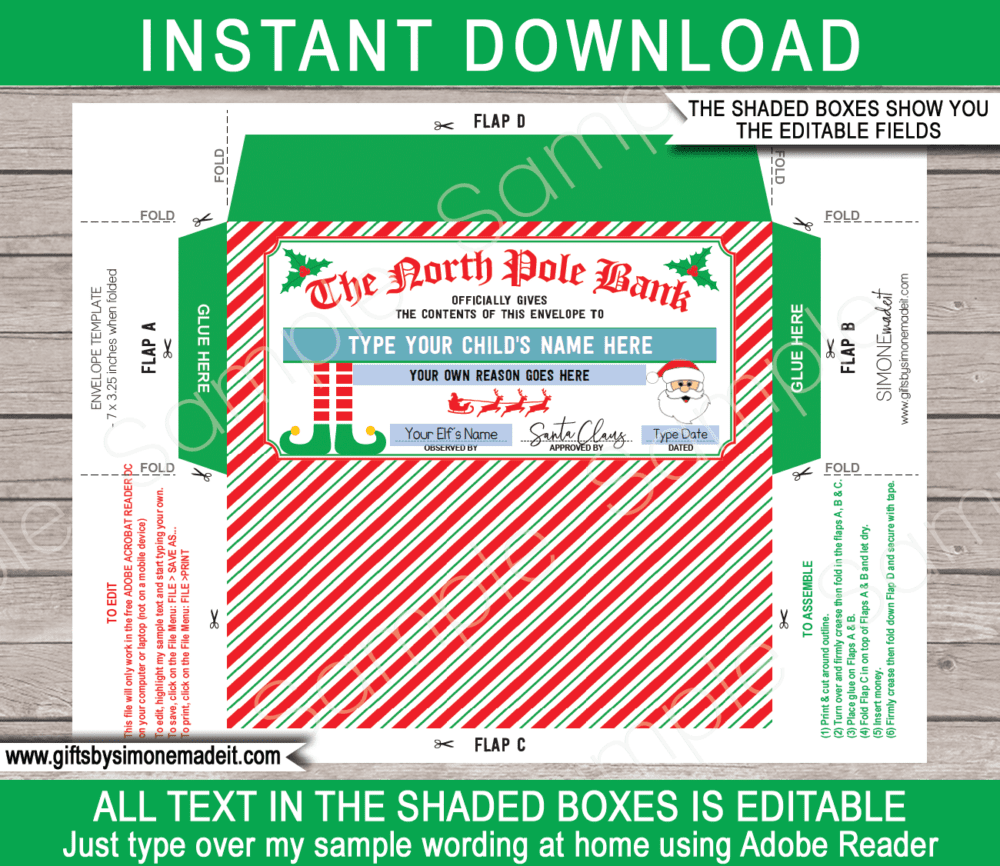 Elf on the Shelf Money Gift Holder Template | Christmas Cash Envelope | Santa's Workshop North Pole | Personalized Christmas Banknote Wallet | DIY Editable Text | Last Minute Christmas gift | Kids and Family | Instant Download via giftsbysimonemadeit.com