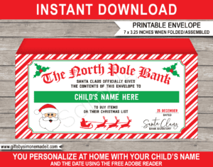 printable Christmas Money Envelope Template from Santa | Kids Cash Gift ​Holder | Santa's Workshop North Pole | Personalized Christmas Banknote Holder | DIY Editable Text | Last Minute Christmas gift | Kids and Family | Instant Download via giftsbysimonemadeit.com
