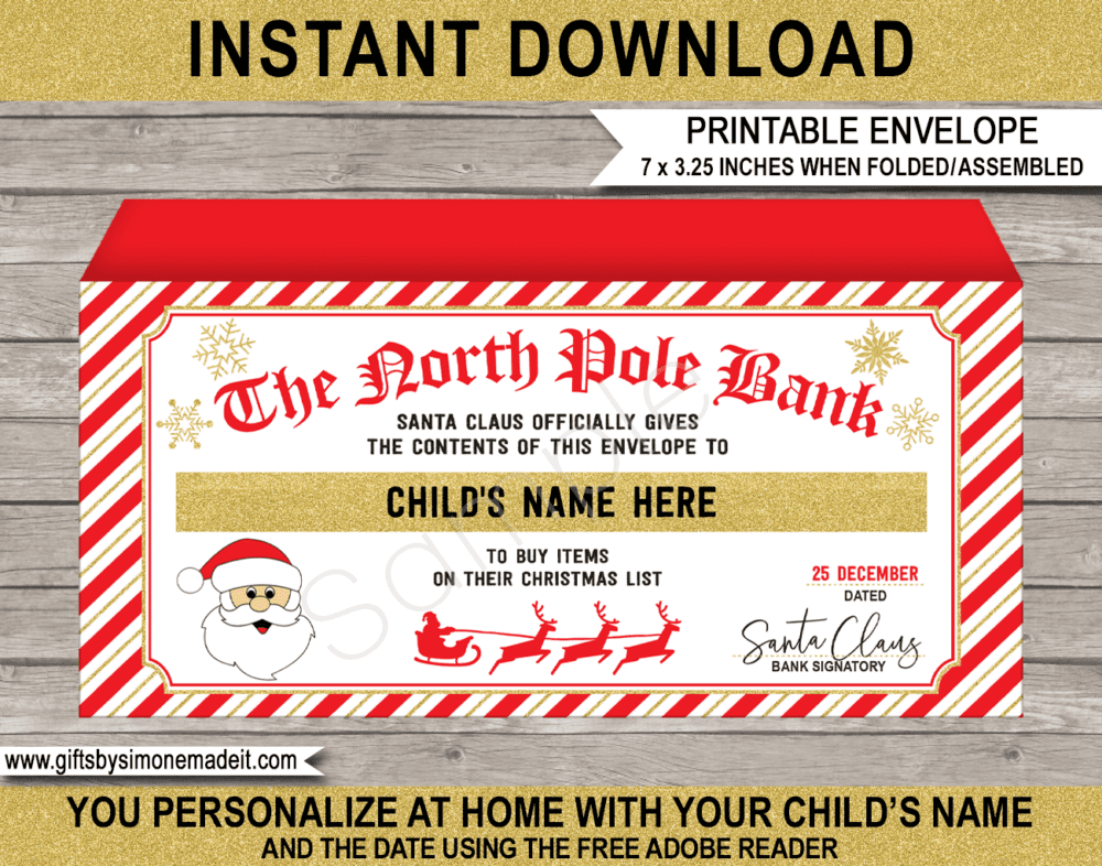 Christmas Santa Money Envelope Template | Printable Kids Cash Gift Holder | Santa's Workshop North Pole | Personalized Banknote Holder | DIY Editable Text | Last Minute Christmas gift | Kids and Family | Instant Download via giftsbysimonemadeit.com