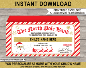 Christmas Santa Money Envelope Template | Printable Kids Cash Gift Holder | Santa's Workshop North Pole | Personalized Banknote Holder | DIY Editable Text | Last Minute Christmas gift | Kids and Family | Instant Download via giftsbysimonemadeit.com