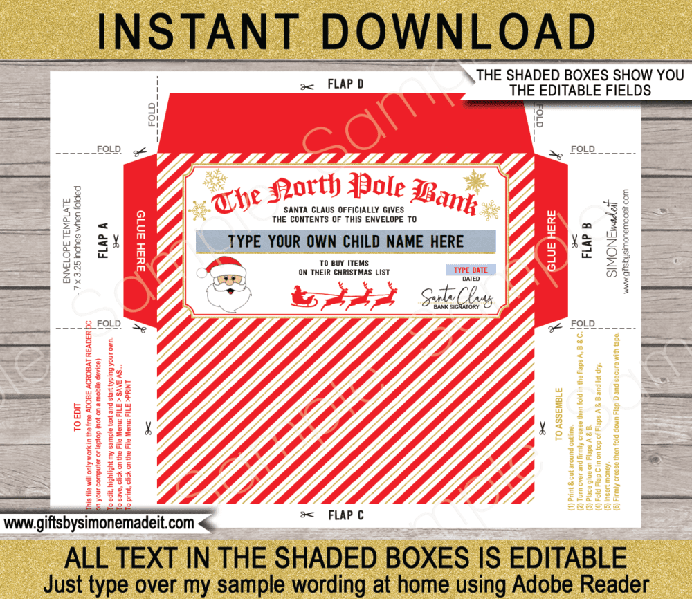 Christmas Santa Money Envelope Template | Printable Kids Cash Gift Holder | Santa's Workshop North Pole | Personalized Banknote Holder | DIY Editable Text | Last Minute Christmas gift | Kids and Family | Instant Download via giftsbysimonemadeit.com