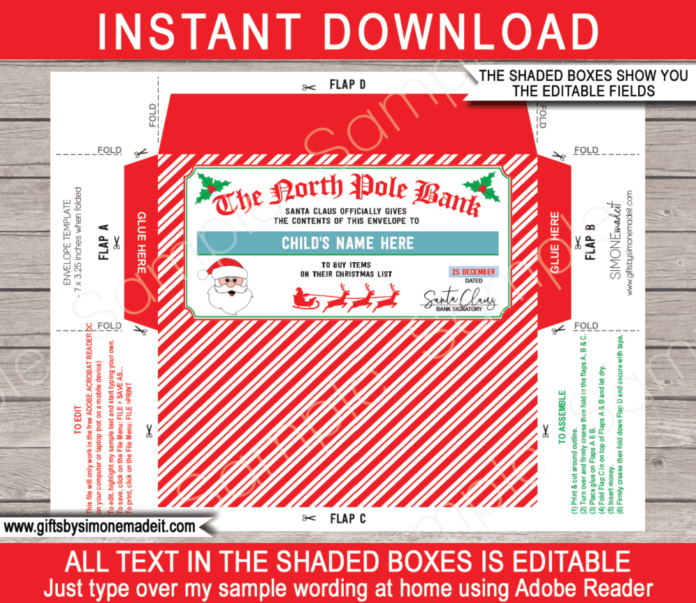 Christmas Money Envelope Template from Santa | Printable Kids Cash Gift ​Holder | Santa's Workshop North Pole | Personalized Christmas Banknote Holder | DIY Editable Text | Last Minute Christmas gift | Kids and Family | Instant Download via giftsbysimonemadeit.com