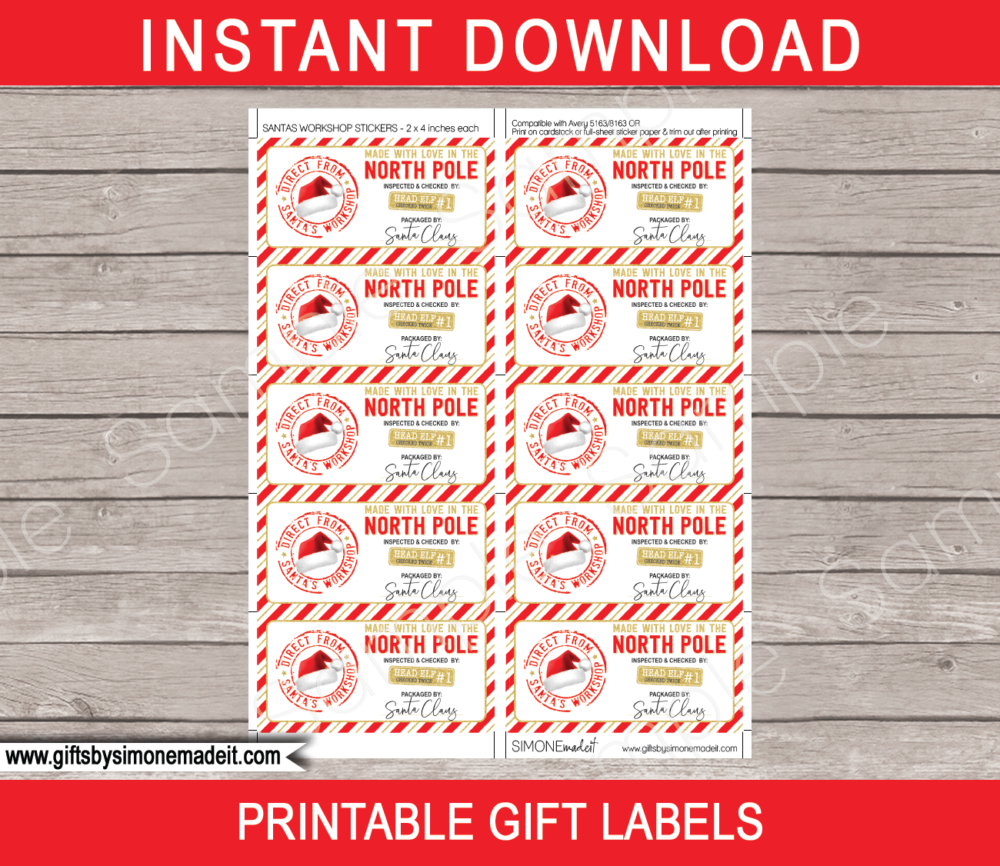 Printable Santa Gift Labels Template | Made with Love in the North Pole | INSTANT DOWNLOAD via giftsbysimonemadeit.com