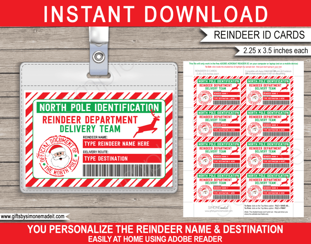 Printable Lost Reindeer ID Card Template | Santa's Christmas Delivery Team License Badge | North Pole Identification Cards | Santa's Workshop | DIY Editable Text | INSTANT DOWNLOAD via giftsbysimonemadeit.com