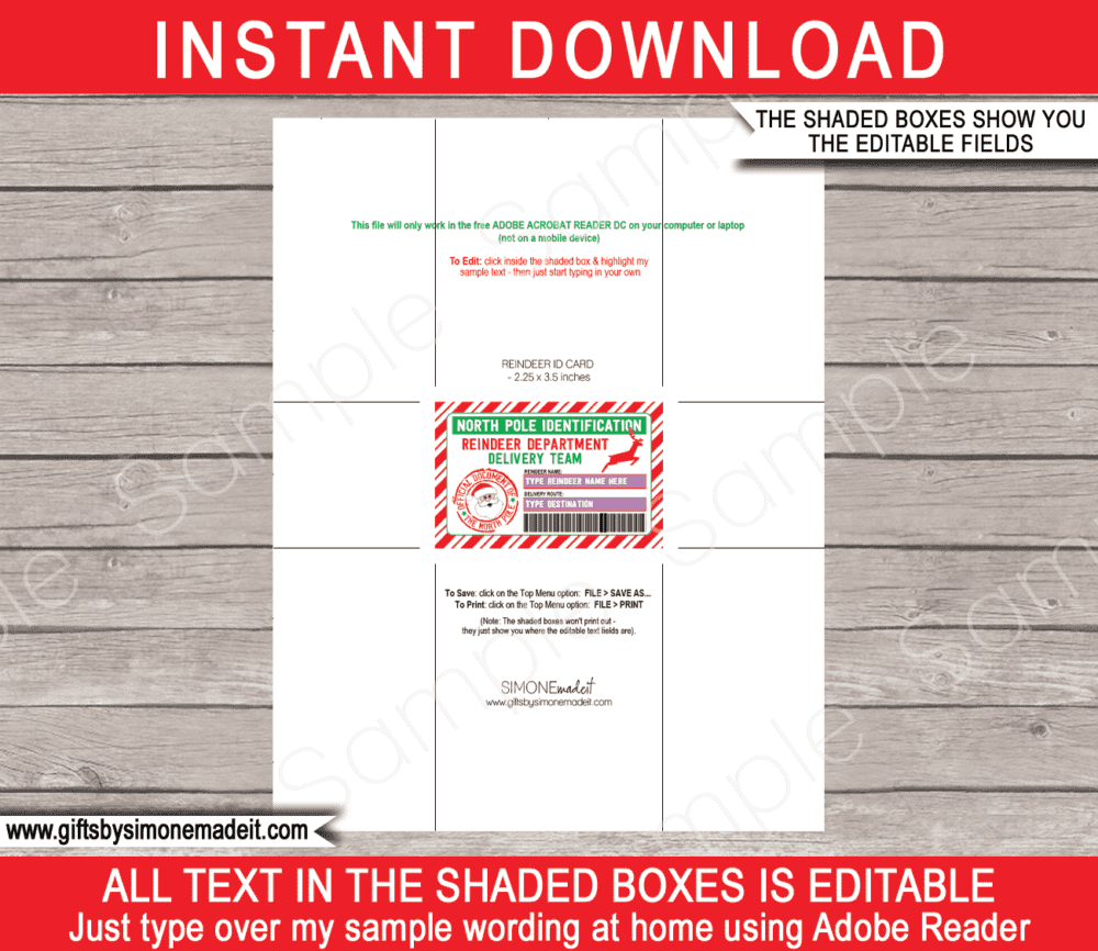 Printable Christmas Lost Reindeer ID Card Template | Santa's Delivery Team License Badge | North Pole Identification Cards | Santa's Workshop | DIY Editable Text | INSTANT DOWNLOAD via giftsbysimonemadeit.com