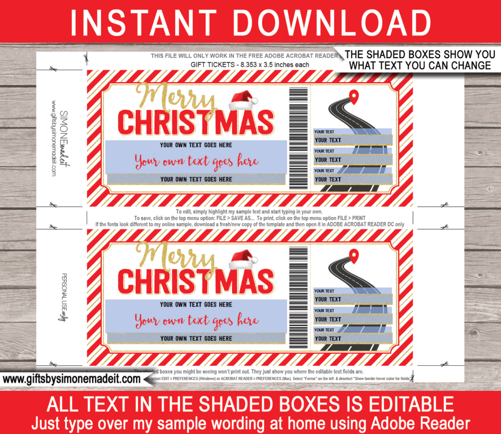 Christmas Printable Road Trip Ticket Template | Editable Trip Gift Voucher Certificate | Driving Holiday by Car, RV, Motorhome, Motorbike | DIY with Editable Text | INSTANT DOWNLOAD via giftsbysimonemadeit.com