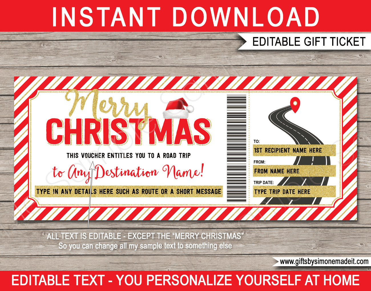 Christmas Printable Road Trip Ticket Template Editable Trip Gift Voucher