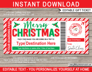 Boarding Pass from Santa Template | Editable & Printable Christmas Plane Ticket Gift for kids ​| Custom Christmas Surprise Trip Reveal Announcement | Instant Download via giftsbysimonemadeit.com