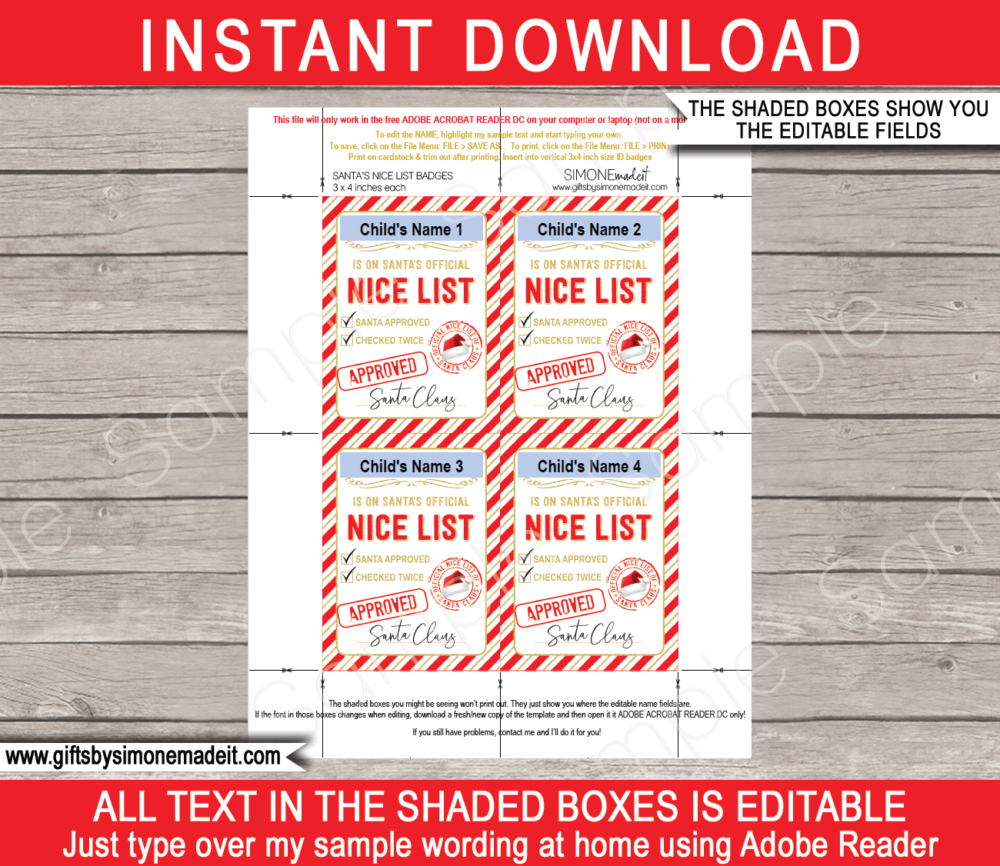 Santas Nice List ID Badge Template | ID Card | Printable Naughty or Nice List Certificate | Christmas | Approved by Santa Claus | Santa's Workshop North Pole | DIY Editable Name | INSTANT DOWNLOAD via giftsbysimonemadeit.com