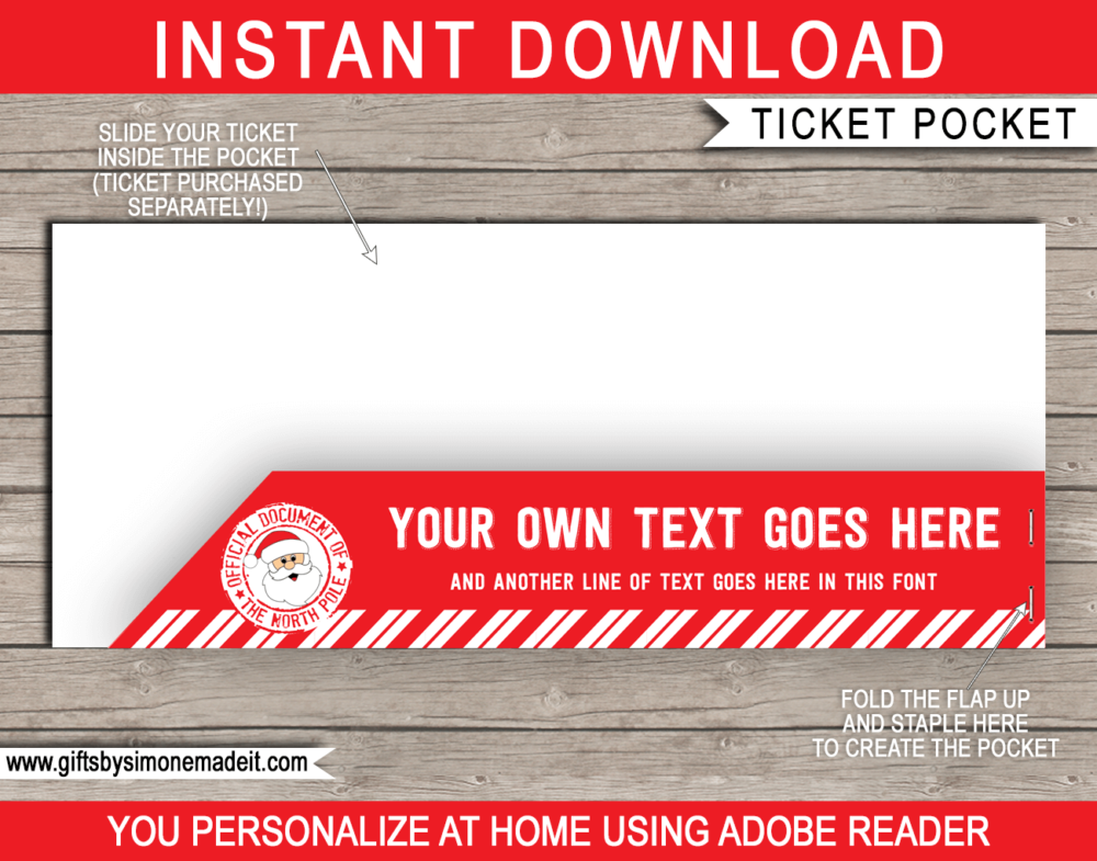 Christmas Ticket Holder from Santa Template | Official North Pole Document | Personalized Gift Sleeve, Envelope, Pocket, Jacket for Money, Vouchers or Gift Certificates | Printable Template with Editable Text - Last Minute Christmas Present Idea - INSTANT DOWNLOAD - via giftsbysimonemadeit.com