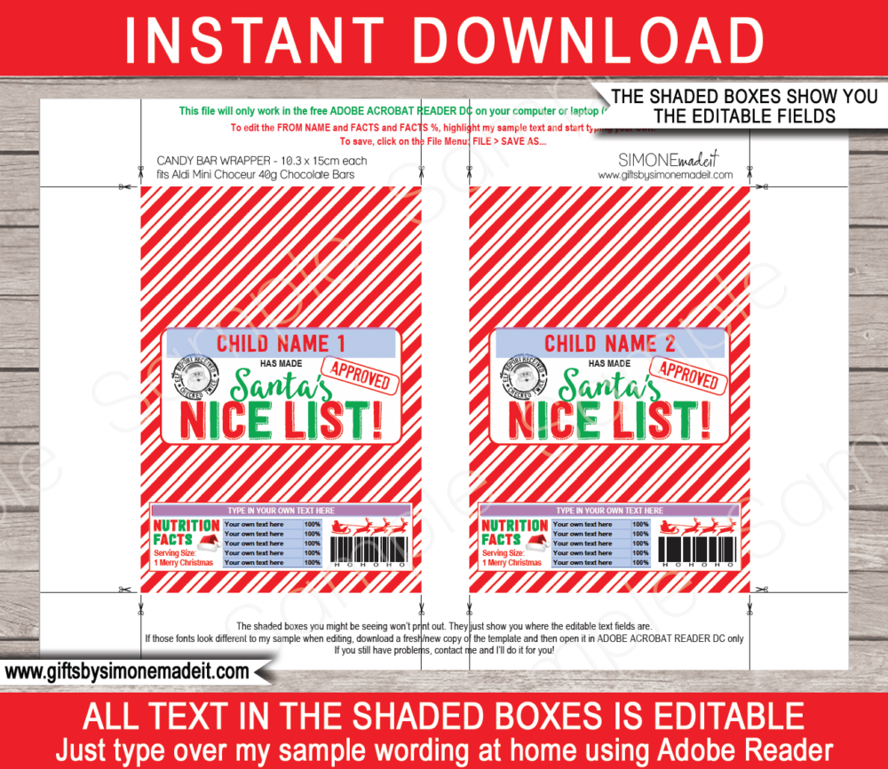 Santas Nice List Chocolate Bar Wrappers Template | Aldi Choceur Christmas Label | Personalized Kids Gifts | Aldi 40g Mini Choceur | direct from Santa's Candy Store | INSTANT DOWNLOAD via giftsbysimonemadeit.com