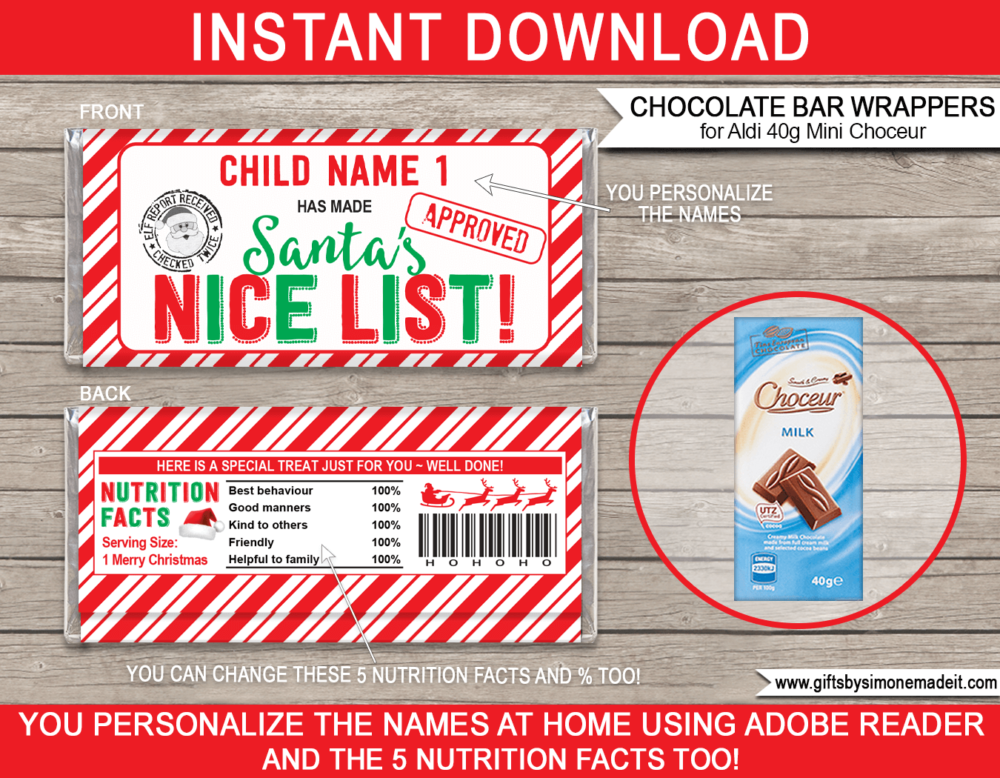 Santas Nice List Chocolate Bar Wrappers Template | Aldi Choceur Christmas Label | Personalized Kids Gifts | Aldi 40g Mini Choceur | direct from Santa's Candy Store | INSTANT DOWNLOAD via giftsbysimonemadeit.com