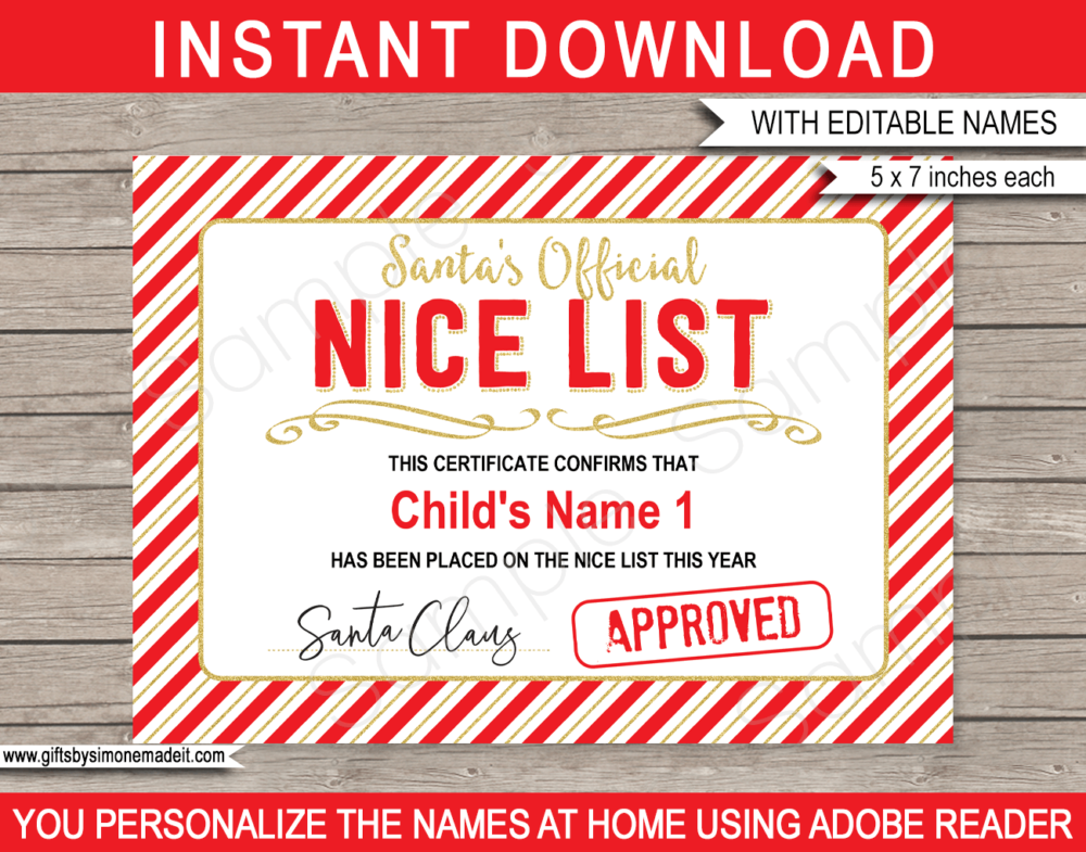 Printable Santa Nice List Certificate Template | Naughty or Nice | Christmas | Approved by Santa Claus | Santa's Workshop North Pole | DIY Editable Text | INSTANT DOWNLOAD via giftsbysimonemadeit.com