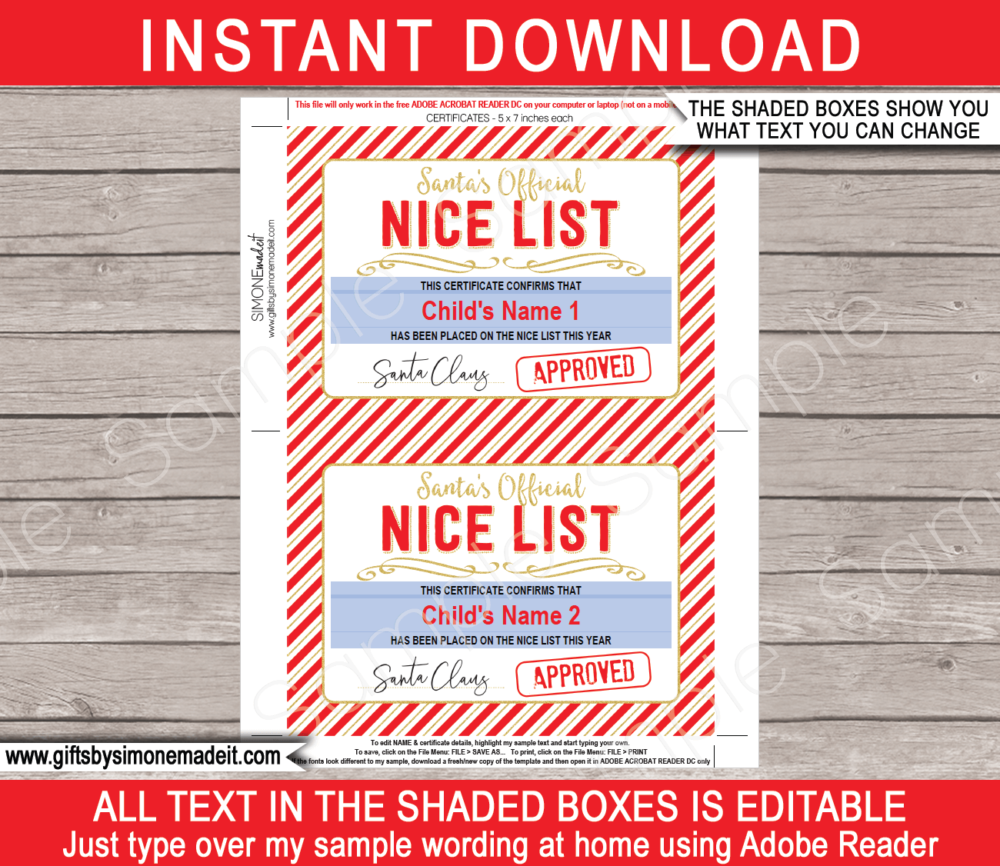 Printable Santa Nice List Certificate Template | Naughty or Nice | Christmas | Approved by Santa Claus | Santa's Workshop North Pole | DIY Editable Text | INSTANT DOWNLOAD via giftsbysimonemadeit.com