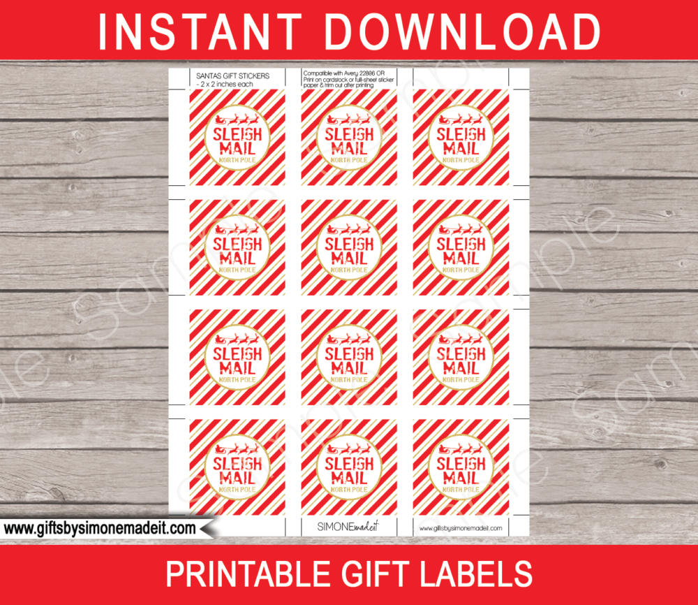 Printable Christmas Sleigh Mail Gift Labels Stickers Tags | Instant Download via giftsbysimonemadeit.com