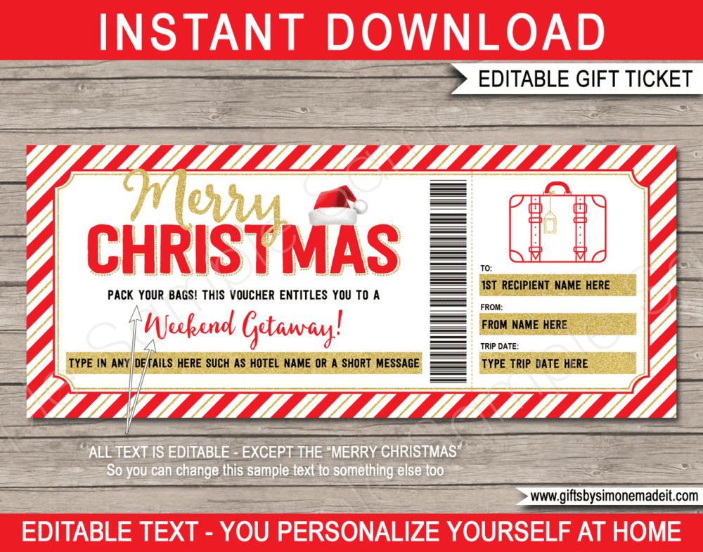 Christmas Hotel Reservation Gift Vouchers Template | Weekend Getaway | Surprise Trip Ticket Gift Idea | Pack Your Bags | Printable Travel Ticket | Holiday, Romantic Vacation | INSTANT DOWNLOAD via giftsbysimonemadeit.com