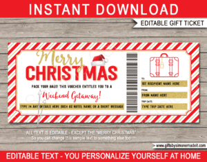 Christmas Hotel Reservation Gift Vouchers Template | Weekend Getaway | Surprise Trip Ticket Gift Idea | Pack Your Bags | Printable Travel Ticket | Holiday, Romantic Vacation | INSTANT DOWNLOAD via giftsbysimonemadeit.com