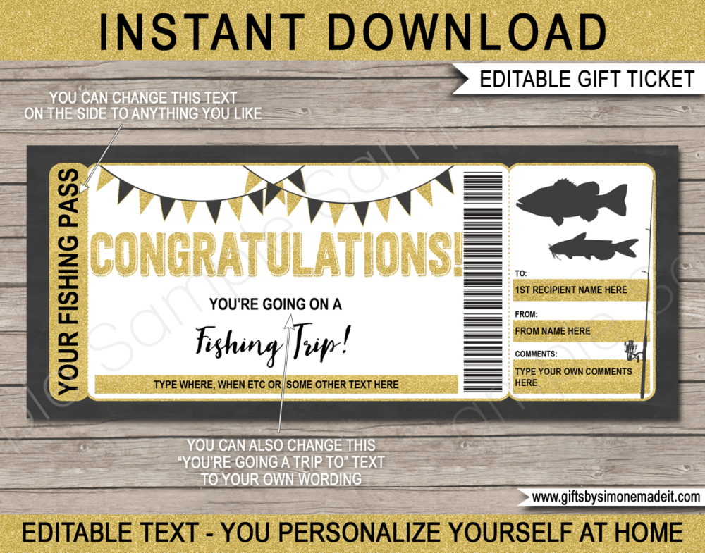 Congratulations Fishing Trip Ticket Template | Printable Gift Idea | Voucher Certificate Card | DIY with Editable Text | INSTANT DOWNLOAD via www.giftsbysimonemadeit.com